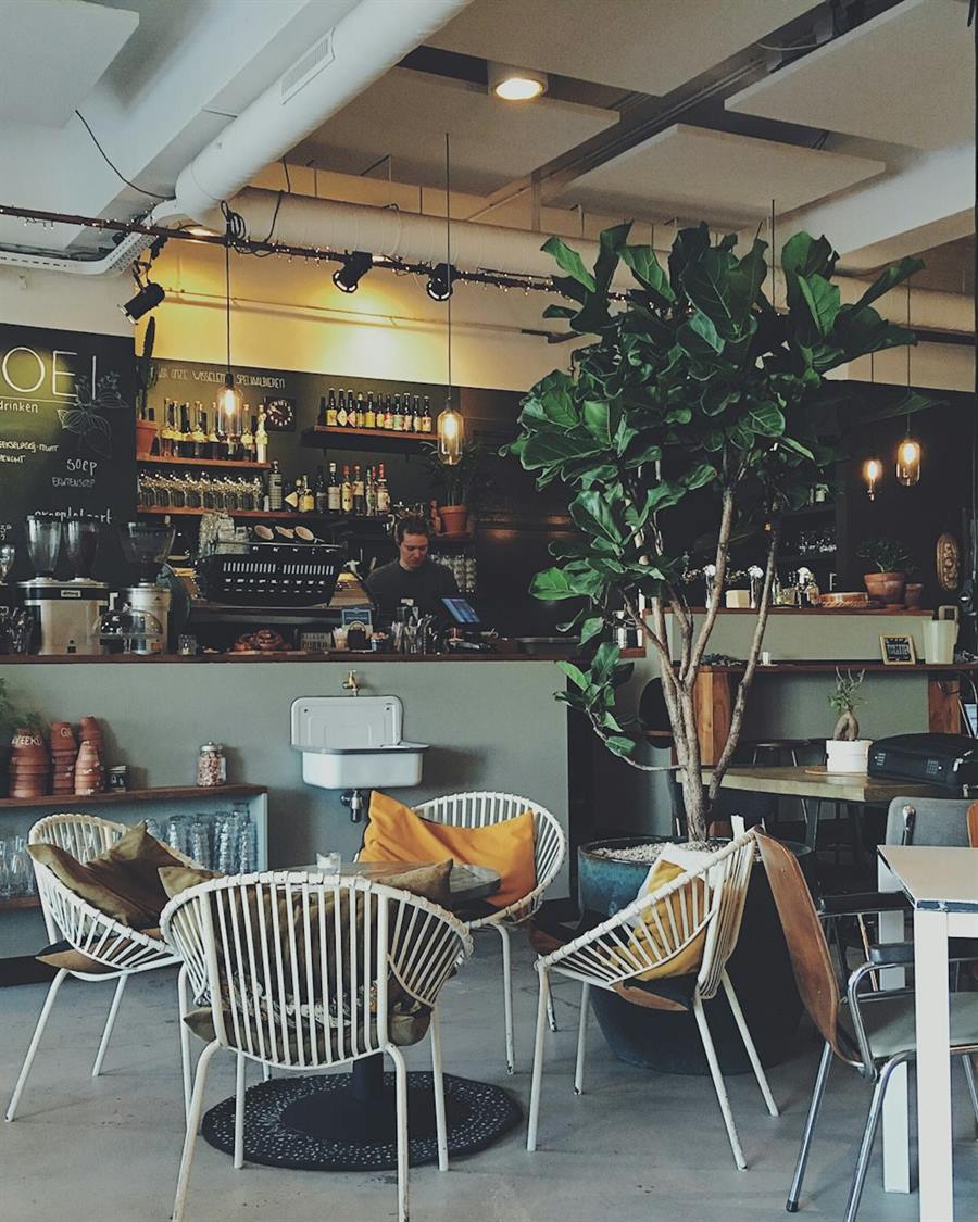 Illustrative image: a café interior with a counter, pendant lights and woven chairs.